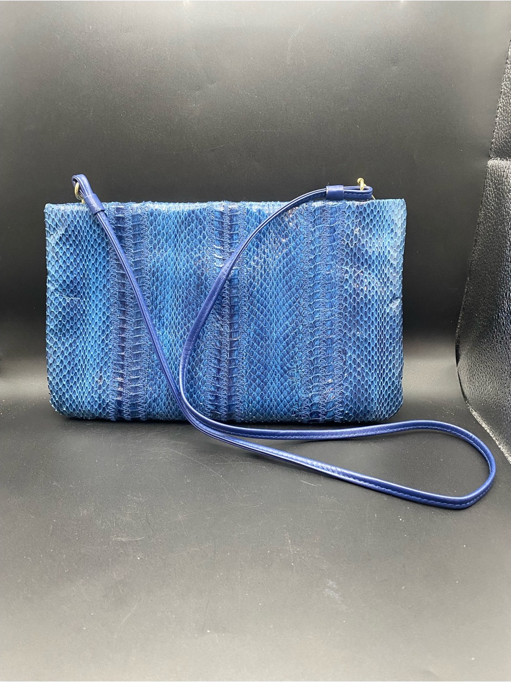 VTG 80s CLEMENTE GENUINE SNAKESKIN CROSSBODY PURSE CLUTCH STUNNING BLUE